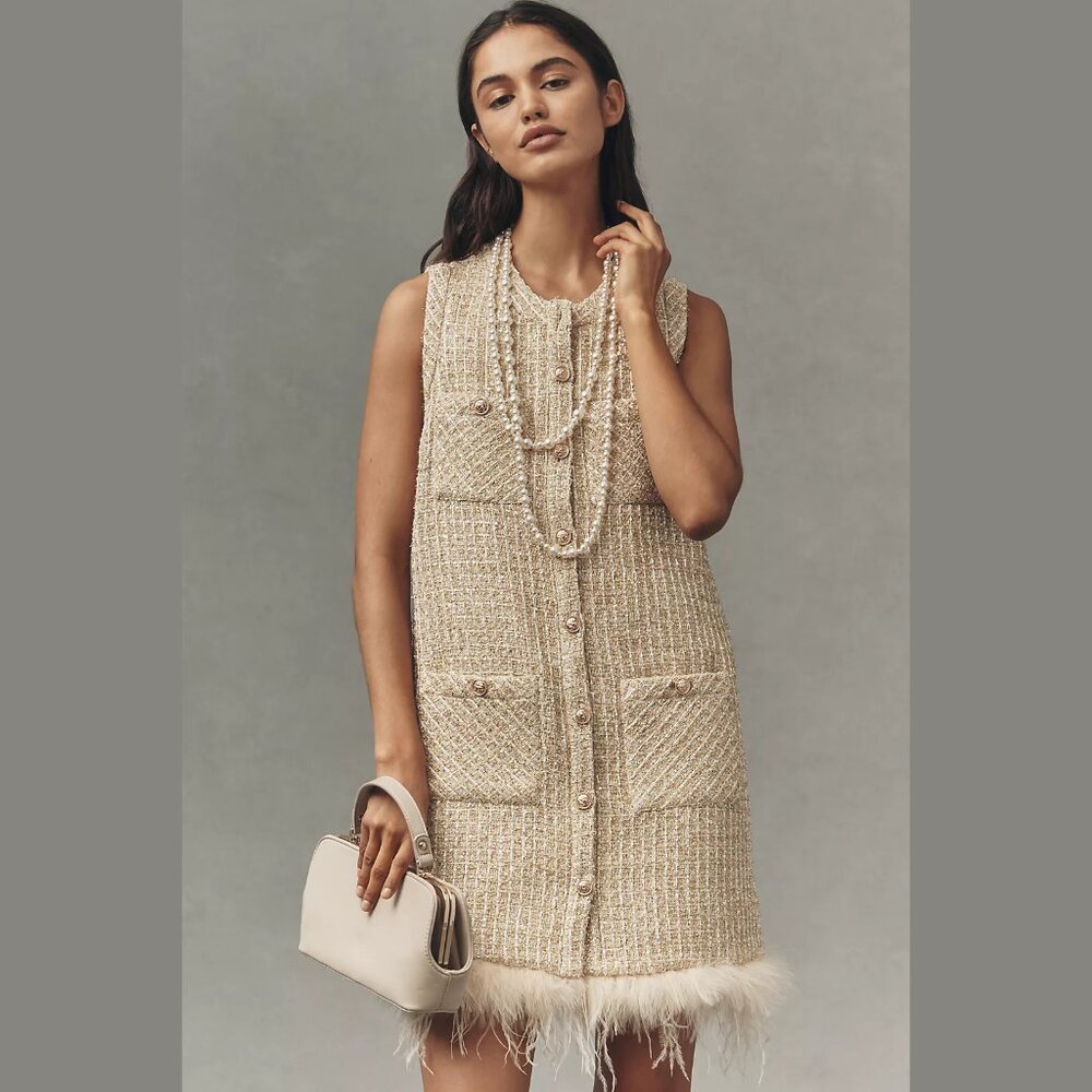 NEW Saylor - Sizes XS, S, M, L Sleeveless Tweed Faux-Feather Mini Dress, Gold